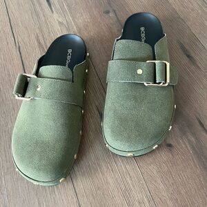 BCBGeneration Olive Green Mules with Gold Accents